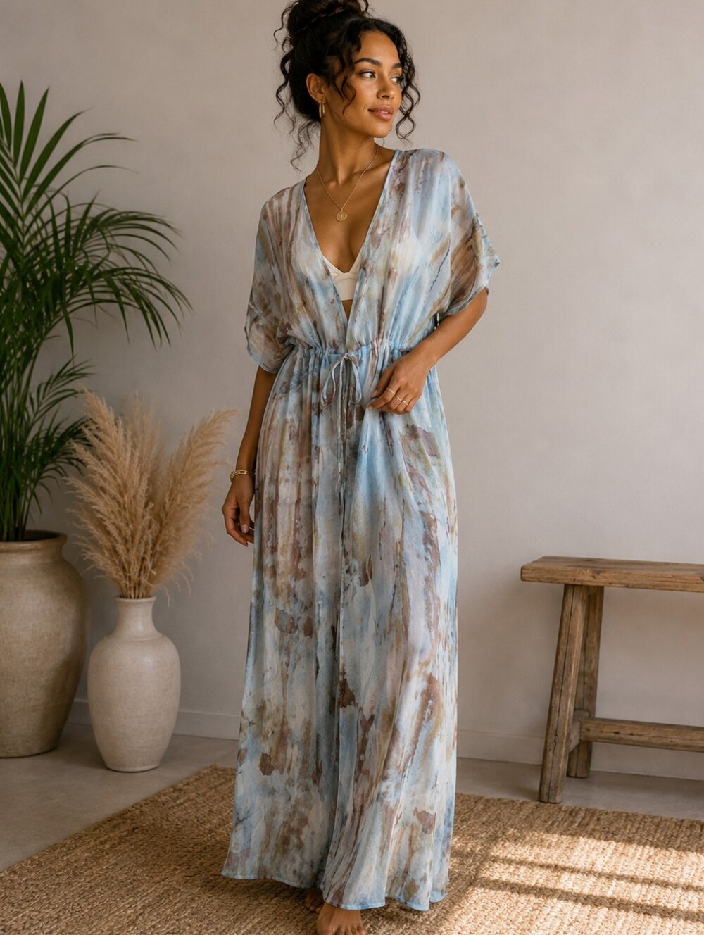 Watercolor Print Maxi Kimono Cover Up